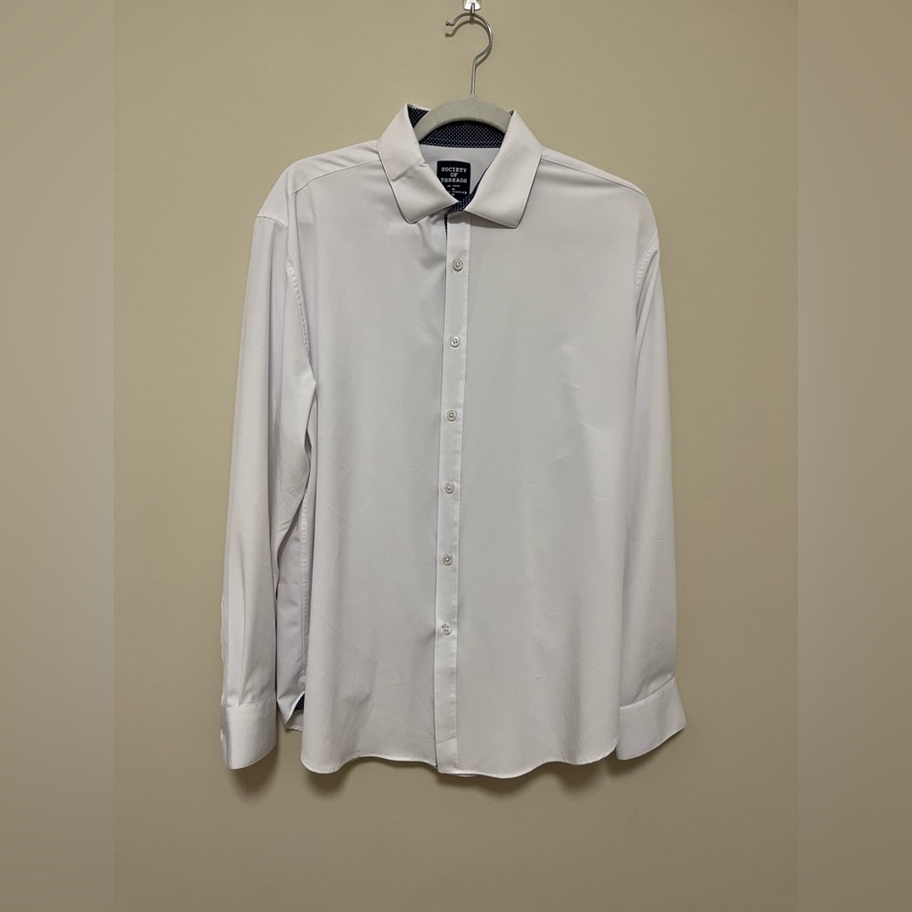 Society Of Threads No Iron White Button Up Slim Fit Shirt Men's LG 4 way stretch